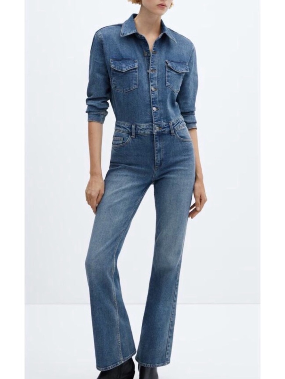 MANGO Women Medium
Long Denim Jumpsuit Shirt Collar Button Chest Pockets Cotton